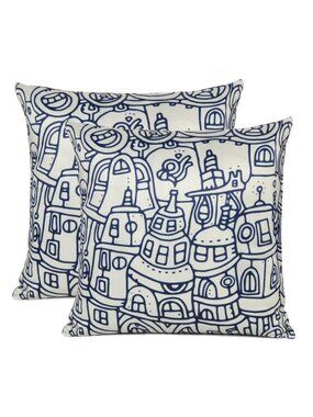 Oussum Home Decor Pillow Cover Doodle City Printed Cotton Cushion Cover Set of 2